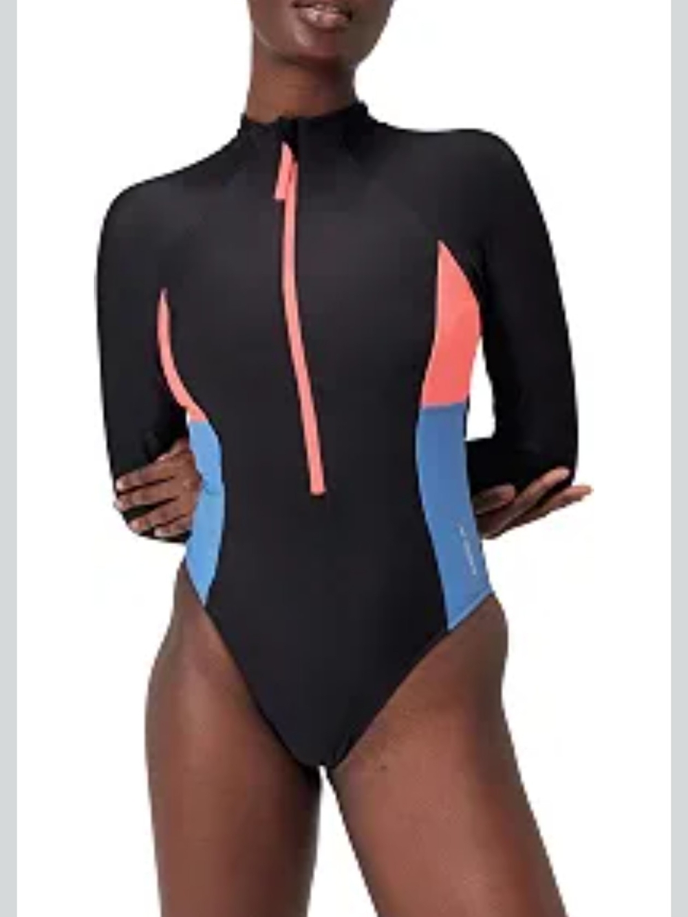 Speedo Black Long-Sleeve One-Piece Swimsuit with Coral Zip & Blue Panels